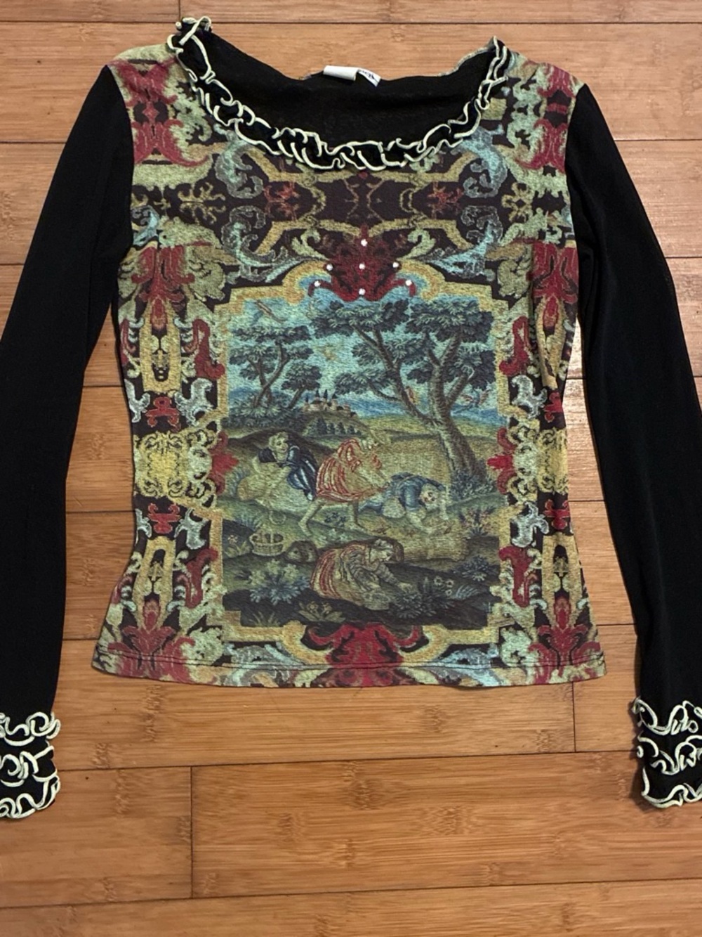 Espresso Black Multicolor Scenic Print Long Sleeve Blouse